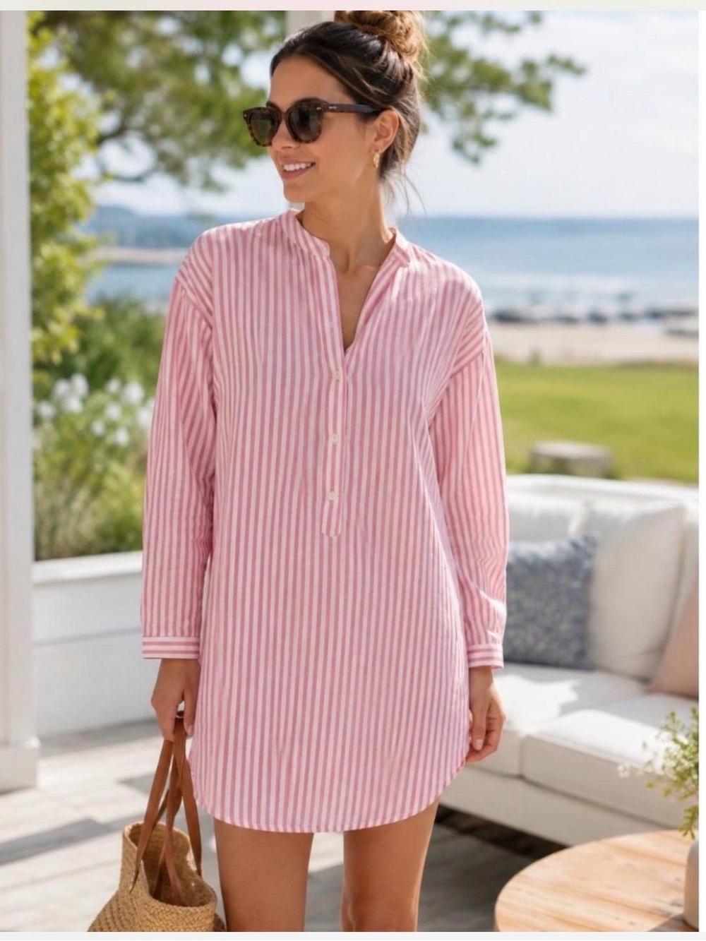 Tuckernuck Women's Pink Striped Long-Sleeve Tunic Shirt NWT